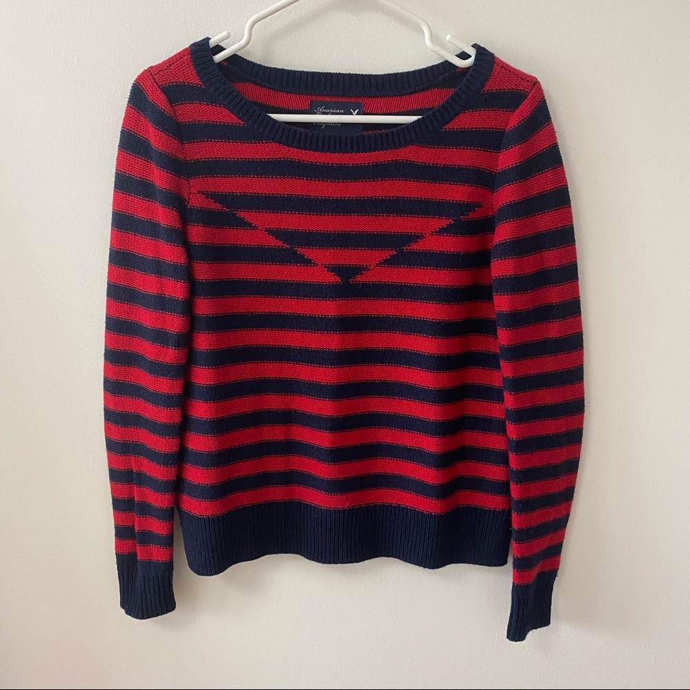 AMERICAN EAGLE NAVY/RED STRIPED KNIT WOOL SWEATER